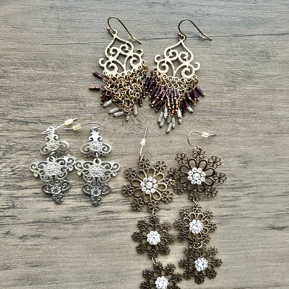 Boho Statement Earring Bundle of 3 - Silver & Bronze Filigree Lot - Picture 3 of 15